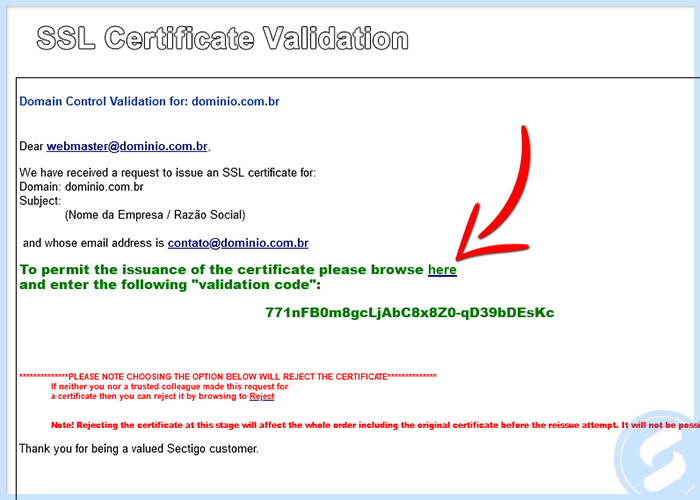 E-mail de validação da Comodo